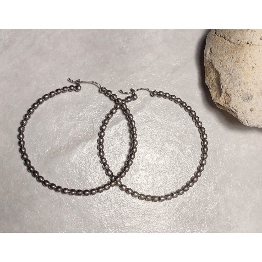 3" Vintage Silver tone Ball Bead Big Hoop Dangle Earrings - Picture 7 of 7